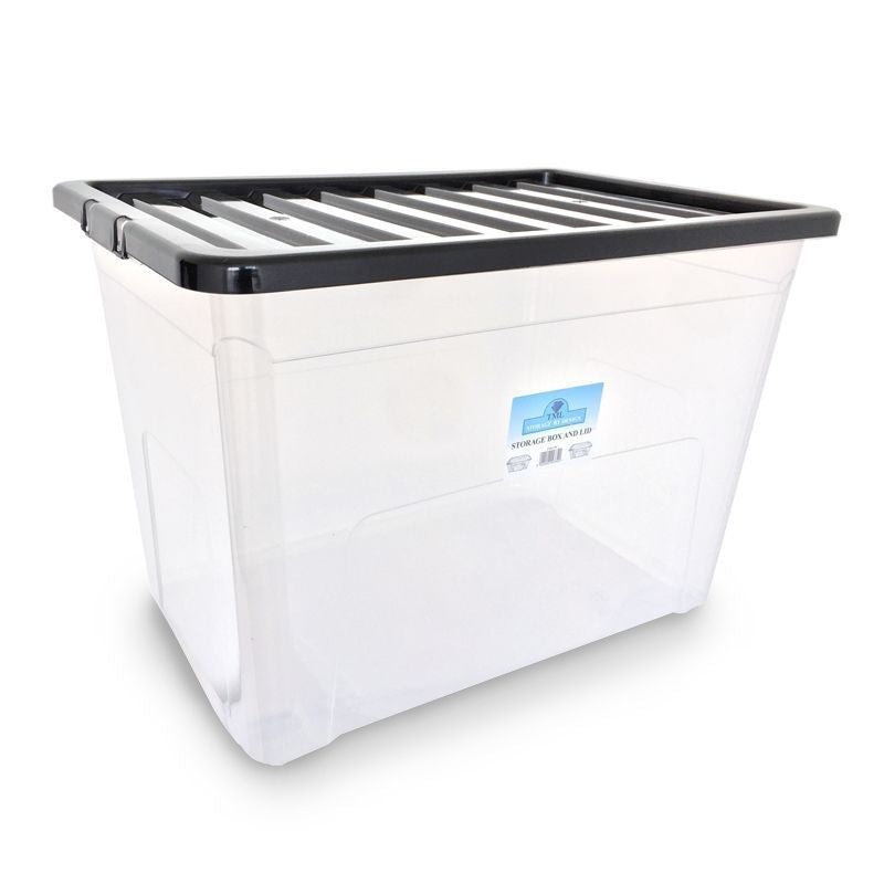 Plastic Storage Box 75 Litres Large – Clear & Black by TML