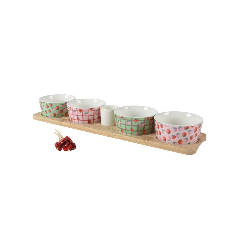 Porcelain Tapas Set with Bamboo Decal & Strawberry Pattern | 821083