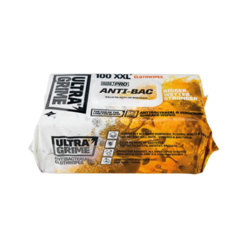 Pack of 100 PRO Anti-Bacterial & Virucidal Cleaning Wipes XXL+ – UltraGrime  (White)  5930
