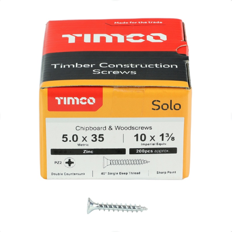3.5 x 50mm Solo Chipboard & Woodscrews  PZ Double Countersunk (Zinc)  50035SOLOZ