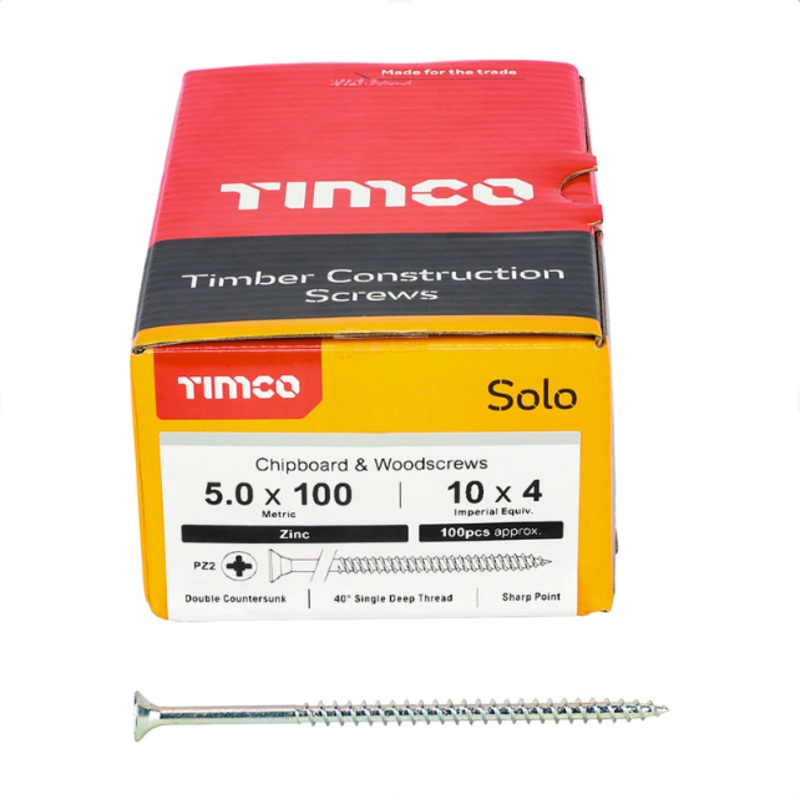 5.0 x 100mm Solo Chipboard & Woodscrews – PZ – Double Countersunk (Zinc)  50100SOLOZ
