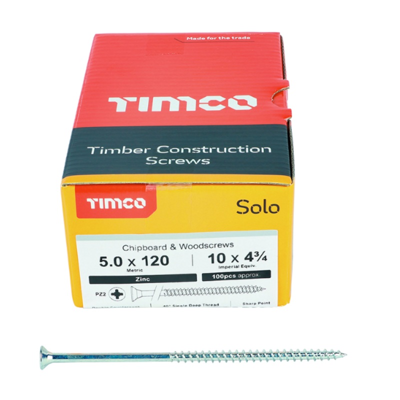 5.0 x 120mm Solo Chipboard & Woodscrews – PZ – Double Countersunk (Zinc)  50120SOLOZ