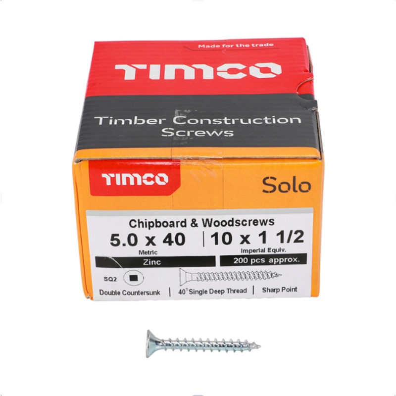 5.0 x 40mm Solo Chipboard & Woodscrews – SQ – Double Countersunk (Zinc)  50040SQSZ