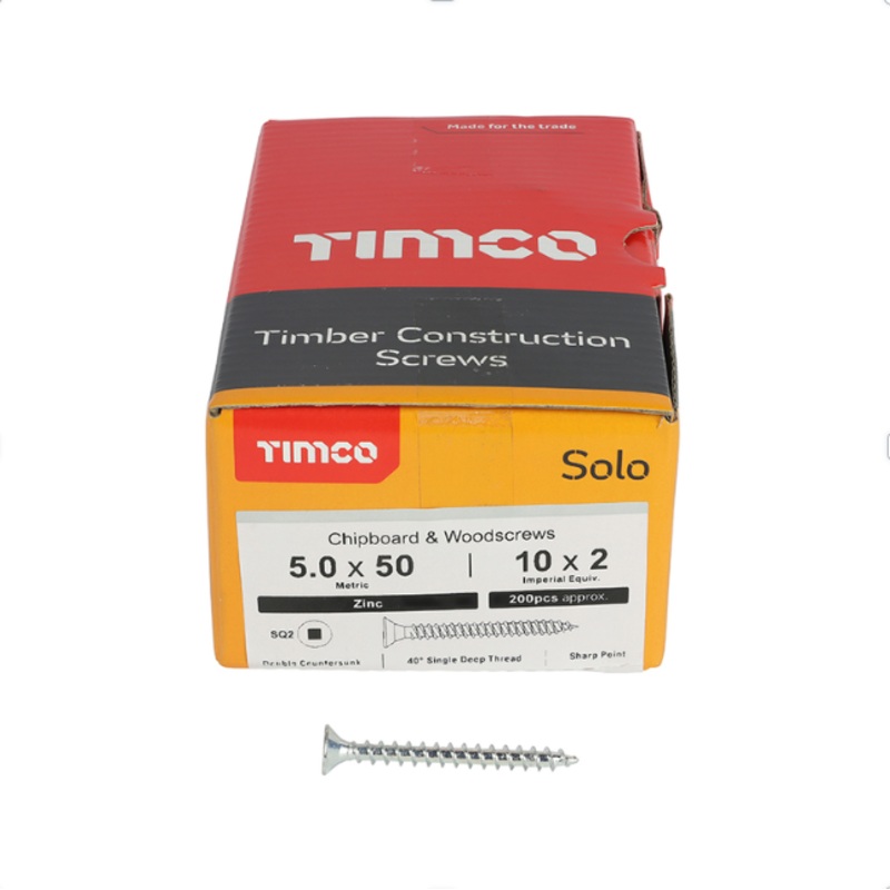 5.0 x 50mm Solo Chipboard & Woodscrews – SQ – Double Countersunk (Zinc)  50050SQSZ