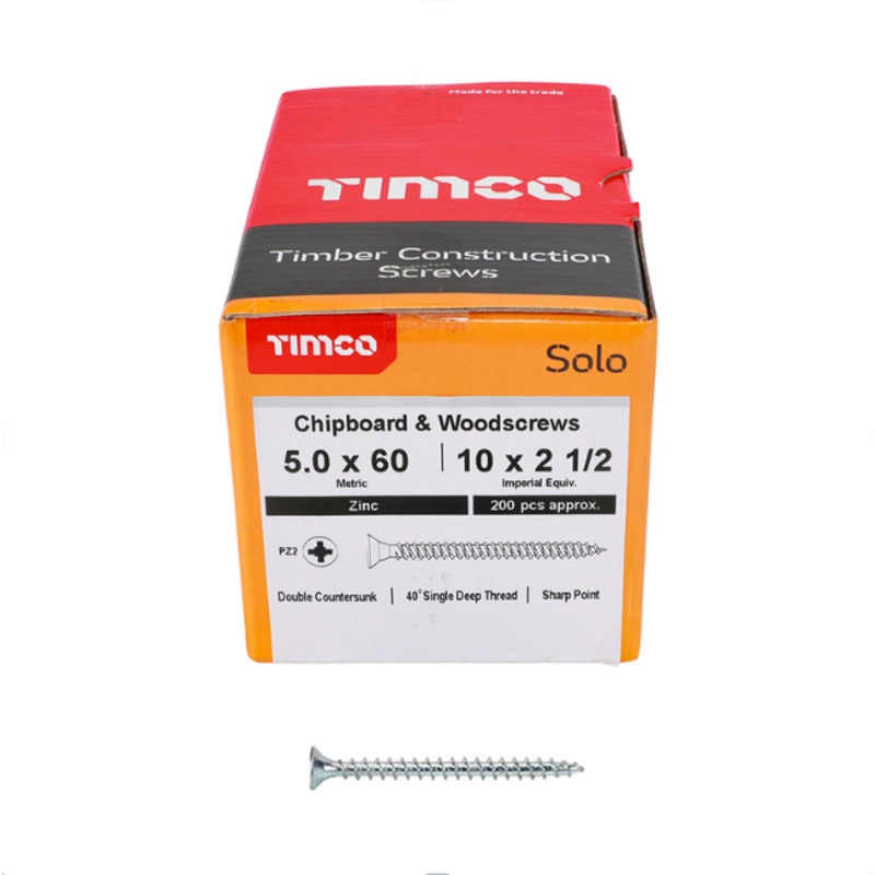 5.0 x 60mm Solo Chipboard & Woodscrews – PZ – Double Countersunk (Zinc)  50060SOLOZ
