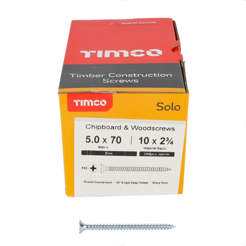 5.0 x 70mm Solo Chipboard & Woodscrews – PZ – Double Countersunk (Zinc)  50070SOLOZ