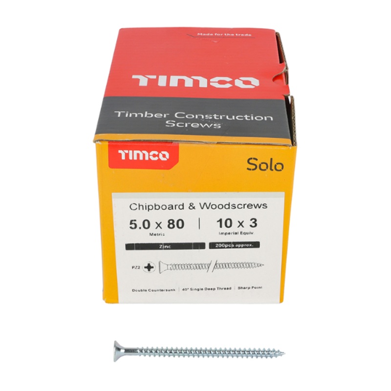5.0 x 80mm Solo Chipboard & Woodscrews – PZ – Double Countersunk (Zinc)  50080SOLOZ