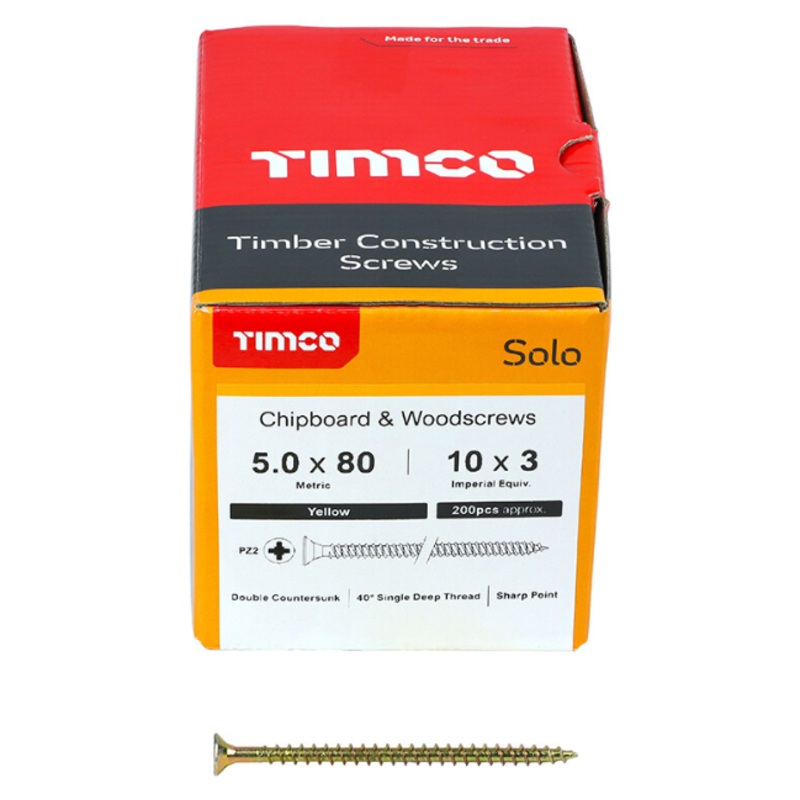5.0 x 80mm Solo Chipboard & Woodscrews – SQ – Double Countersunk (Zinc)  50080SQSZ