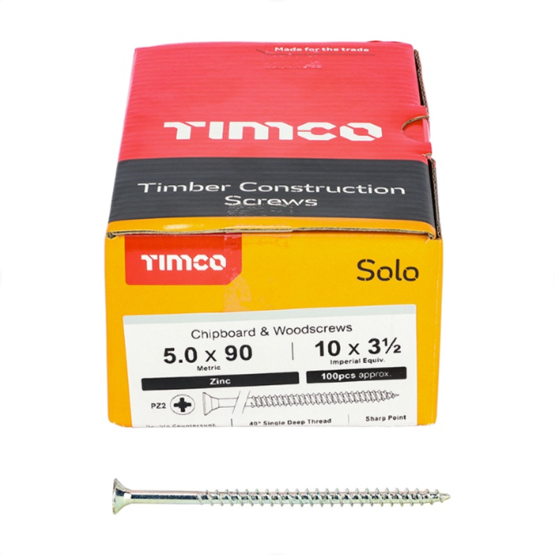 5.0 x 90mm Solo Chipboard & Woodscrews – PZ – Double Countersunk (Zinc)  50090SOLOZ
