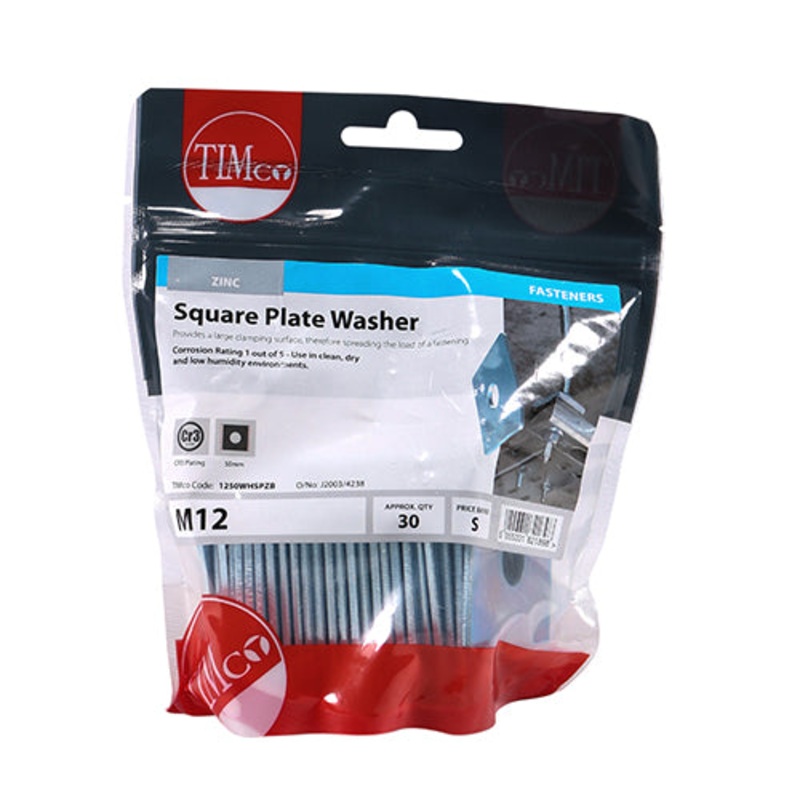 Timco Square Plate Washers – Zinc M12 x 50 x 50 x 3 – 30 Pieces