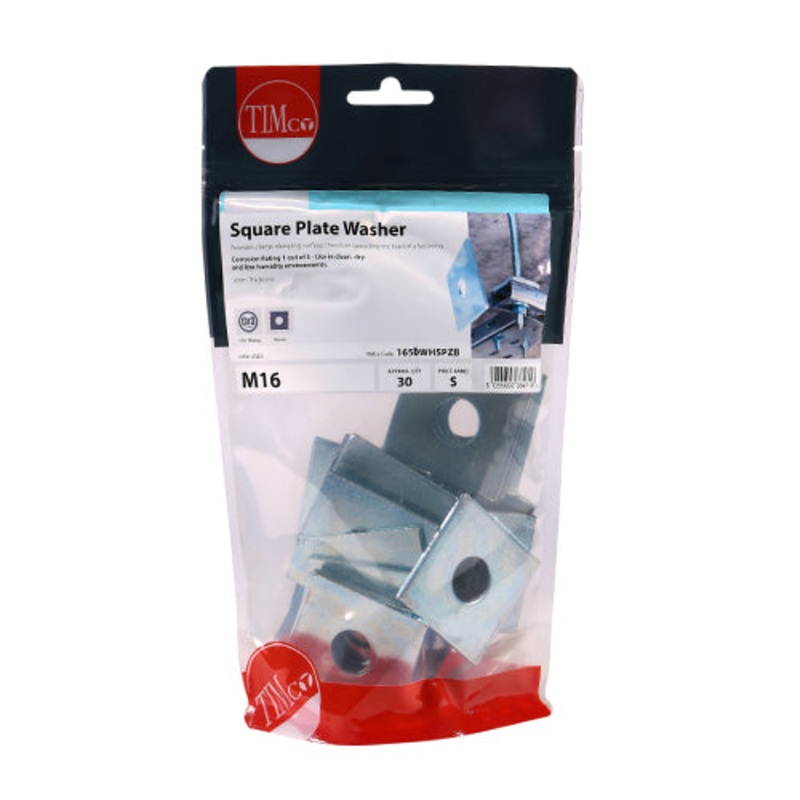 Timco Square Plate Washers – Zinc M16 x 50 x 50 x 3 – 30 Pieces