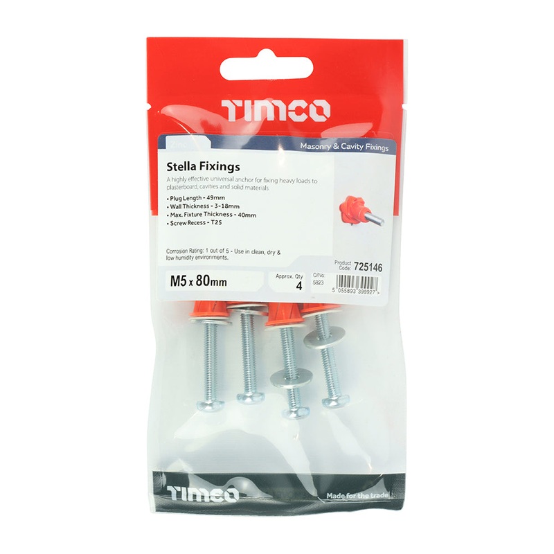 Timco Stella Fixings – TX – Pan – Red M5 x 80 – 4 Pieces