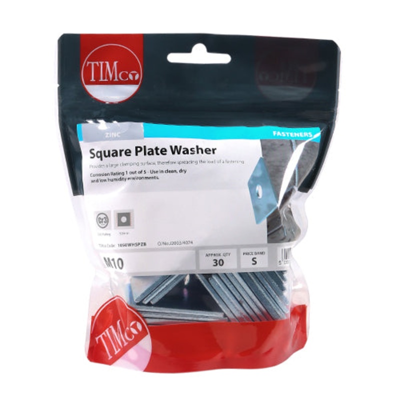Timco Square Plate Washers – Zinc M10 x 50 x 50 x 3 – 30 Pieces