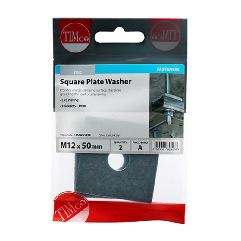 Timco Square Plate Washers – Zinc M12 x 50 x 50 x 3