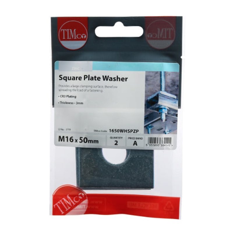 Timco Square Plate Washers – Zinc M16 x 50 x 50 x 3