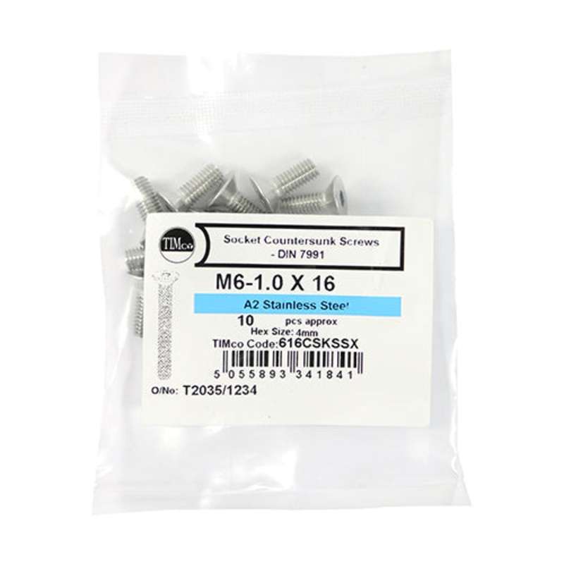 Timco Socket Screws – Countersunk – A2 Stainless Steel M6 x 16 – 10 Pieces