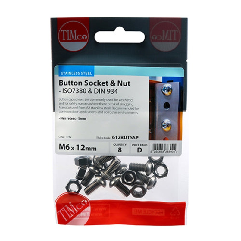 Timco Socket Screws & Hex Nuts – Button – Stainless Steel M6 x 12 – 8 Pieces