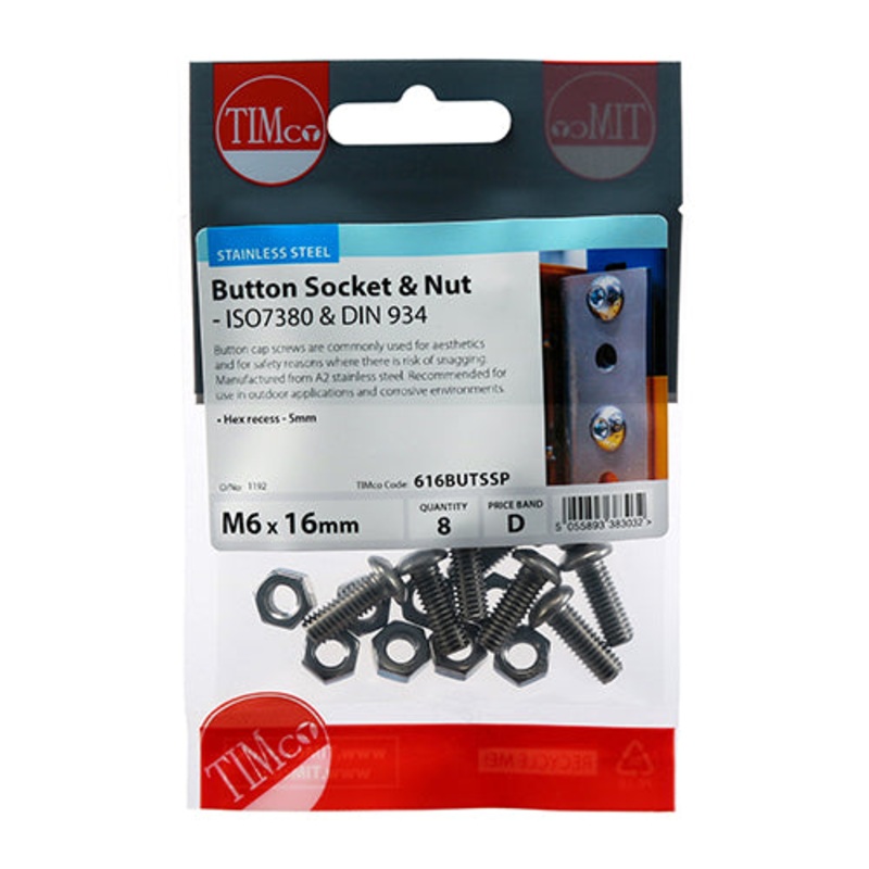 Timco Socket Screws & Hex Nuts – Button – Stainless Steel M6 x 16 – 8 Pieces