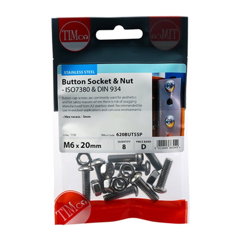 Timco Socket Screws & Hex Nuts – Button – Stainless Steel M6 x 20 – 8 Pieces