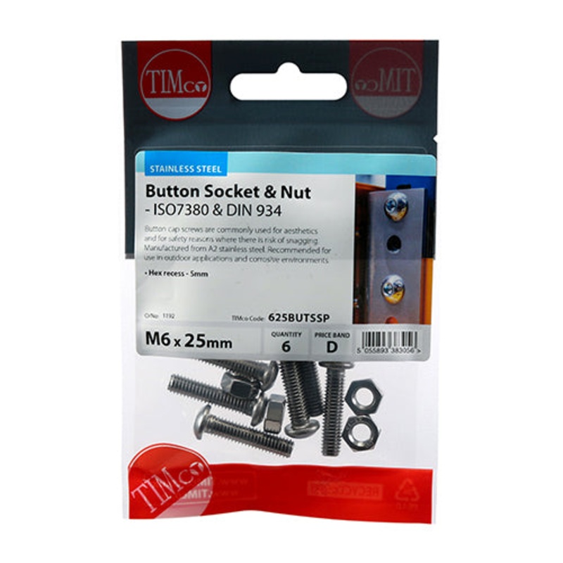 Timco Socket Screws & Hex Nuts – Button – Stainless Steel M6 x 25 – 6 Pieces
