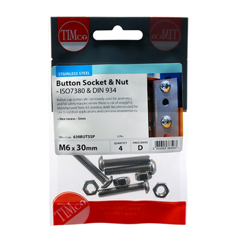 Timco Socket Screws & Hex Nuts – Button – Stainless Steel M6 x 30 – 4 Pieces