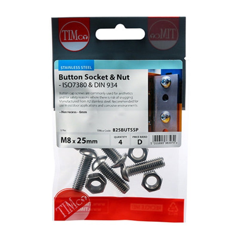 Timco Socket Screws & Hex Nuts – Button – Stainless Steel M8 x 25 – 4 Pieces