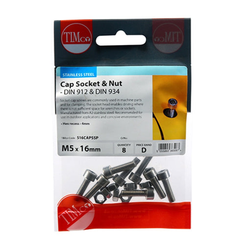 Timco Socket Screws & Hex Nuts – Cap – Stainless Steel M5 x 16 – 8 Pieces