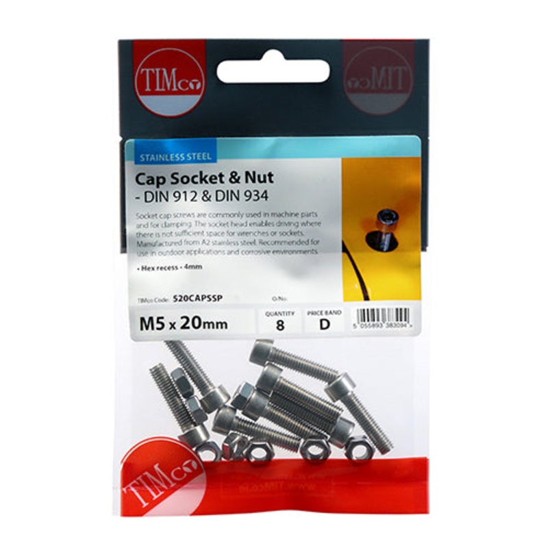 Timco Socket Screws & Hex Nuts – Cap – Stainless Steel M5 x 20 – 8 Pieces