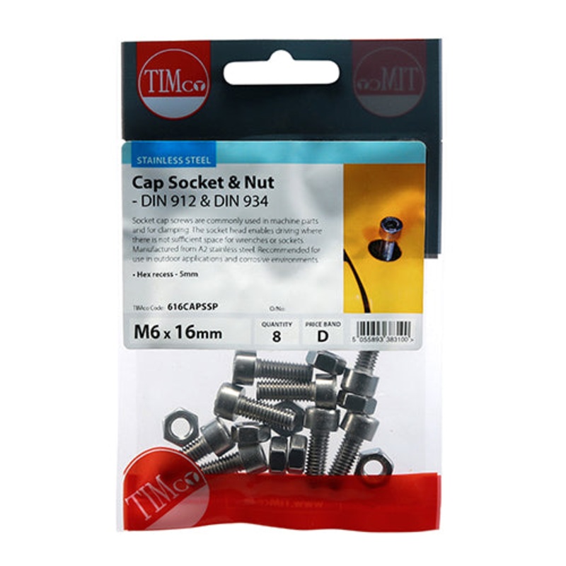 Timco Socket Screws & Hex Nuts – Cap – Stainless Steel M6 x 16 – 8 Pieces
