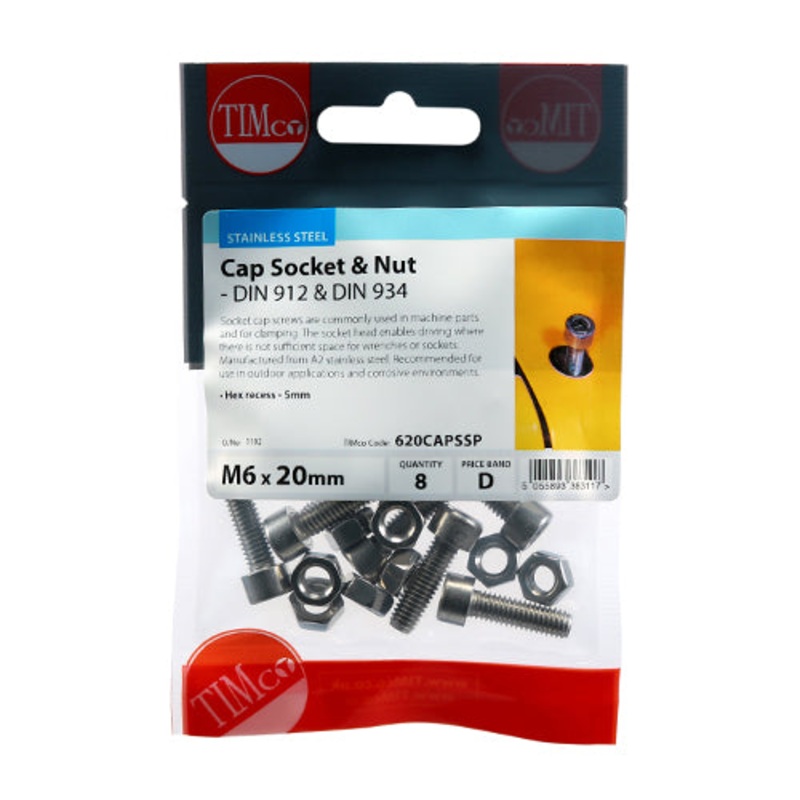 Timco Socket Screws & Hex Nuts – Cap – Stainless Steel M6 x 20 – 8 Pieces