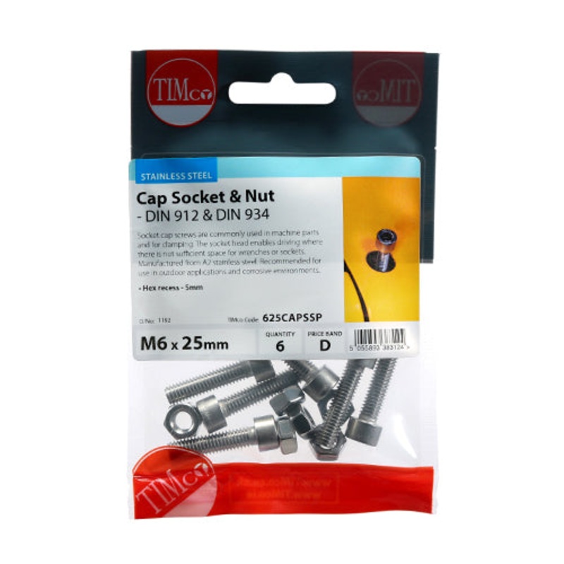 Timco Socket Screws & Hex Nuts – Cap – Stainless Steel M6 x 25 – 6 Pieces