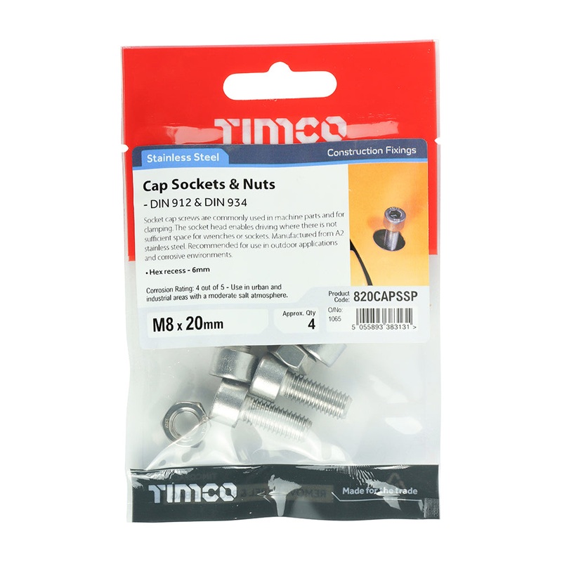 Timco Socket Screws & Hex Nuts – Cap – Stainless Steel M8 x 20 – 4 Pieces