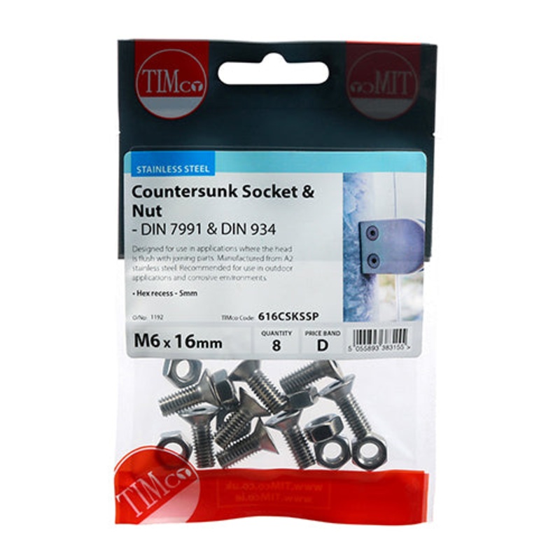 Timco Socket Screws & Hex Nuts – Countersunk – Stainless Steel M6 x 16 – 8 Pieces