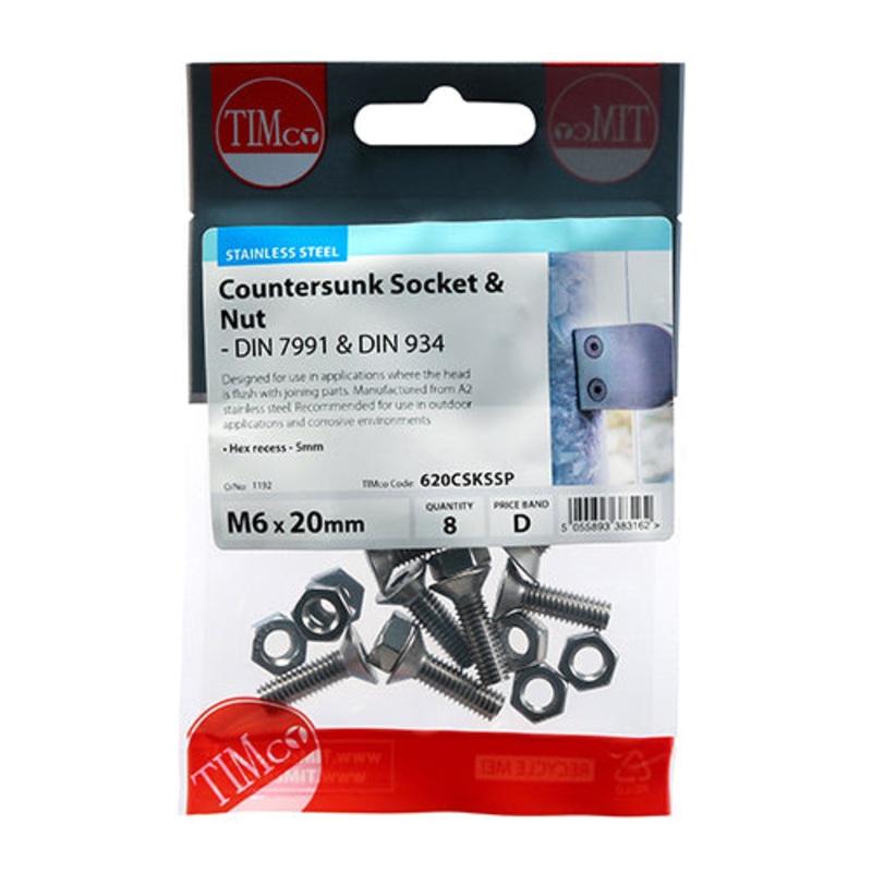 Timco Socket Screws & Hex Nuts – Countersunk – Stainless Steel M6 x 20 – 8 Pieces