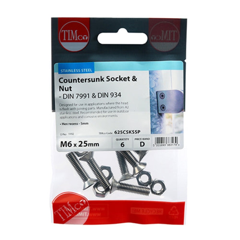 Timco Socket Screws & Hex Nuts – Countersunk – Stainless Steel M6 x 25 – 6 Pieces