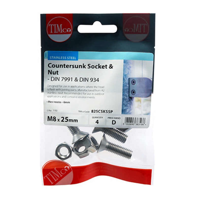 Timco Socket Screws & Hex Nuts – Countersunk – Stainless Steel M8 x 25 – 4 Pieces