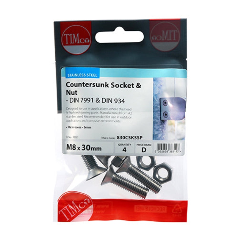 Timco Socket Screws & Hex Nuts – Countersunk – Stainless Steel M8 x 30 – 4 Pieces