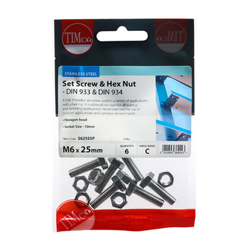 Timco Set Screws & Hex Nuts – Stainless Steel M6 x 25 – 6 Pieces