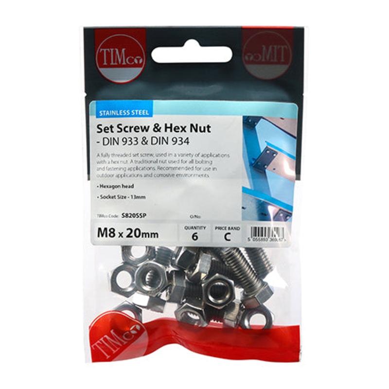 Timco Set Screws & Hex Nuts – Stainless Steel M8 x 20 – 6 Pieces