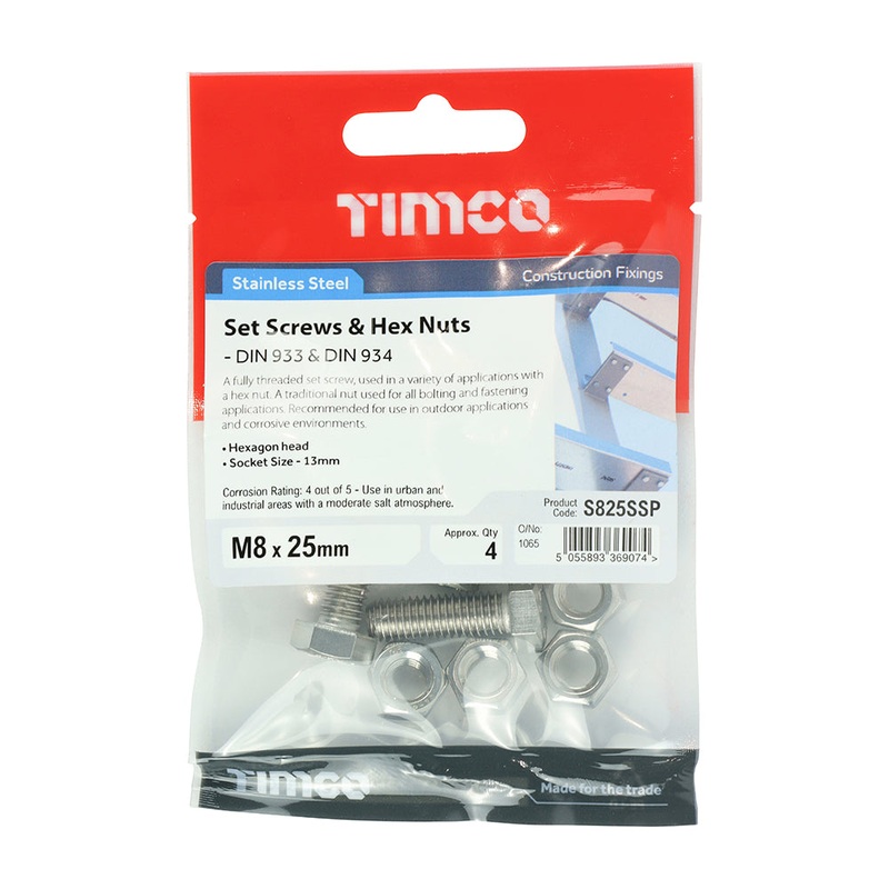 Timco Set Screws & Hex Nuts – Stainless Steel M8 x 25 – 4 Pieces