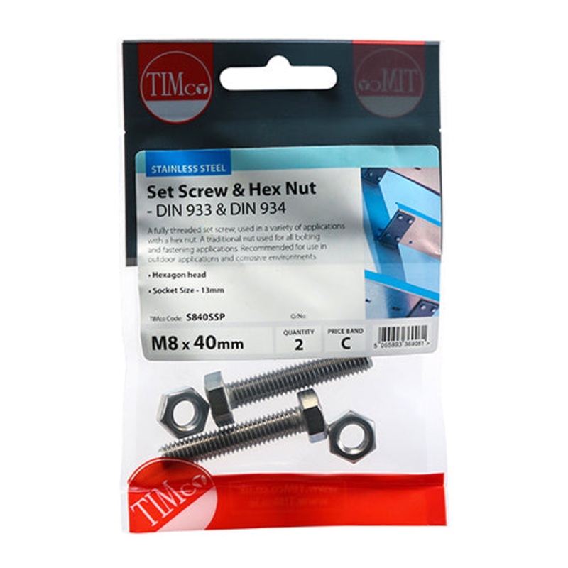 Timco Set Screws & Hex Nuts – Stainless Steel M8 x 40