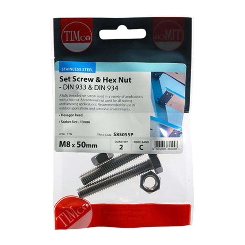 Timco Set Screws & Hex Nuts – Stainless Steel M8 x 50