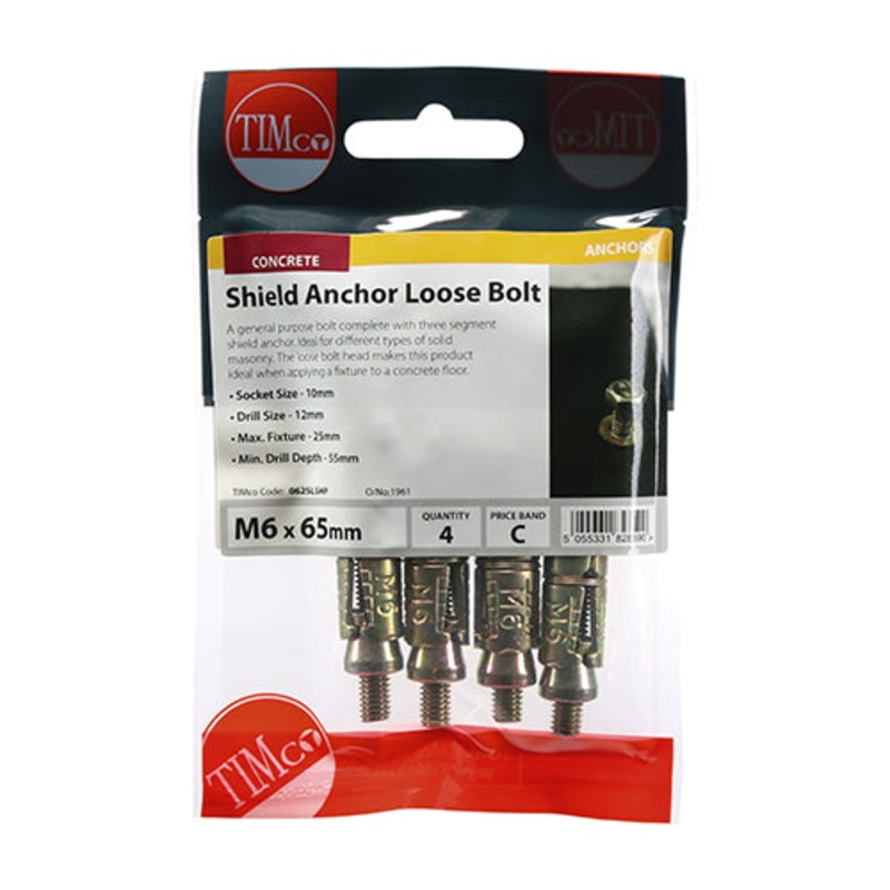 Timco Shield Anchor Loose Bolts – Yellow M6:25L (M6 x 65) – 4 Pieces