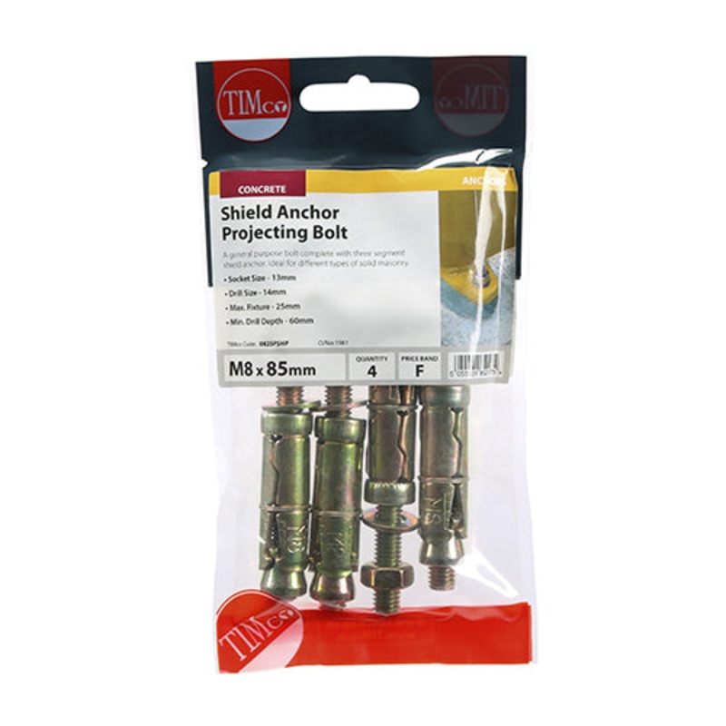 Timco Shield Anchor Projecting Bolts – Yellow M8:25P (M8 x 85) – 4 Pieces