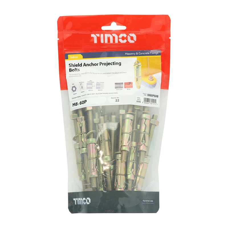 Timco Shield Anchor Projecting Bolts – Yellow M8:60P (M8 x 120) – 22 Pieces
