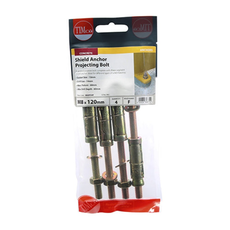 Timco Shield Anchor Projecting Bolts – Yellow M8:60P (M8 x 120) – 4 Pieces