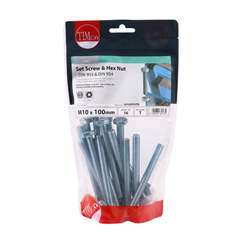 Timco Set Screws & Hex Nuts – Grade 8.8 – Zinc M10 x 100 – 16 Pieces