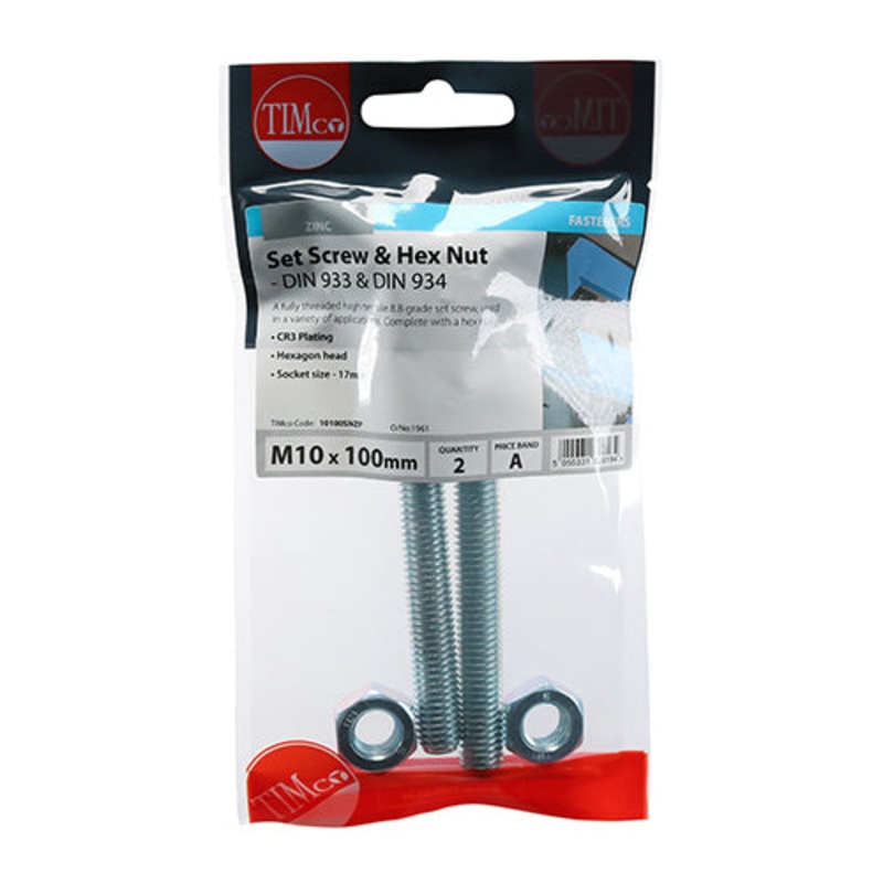 Timco Set Screws & Hex Nuts – Grade 8.8 – Zinc M10 x 100