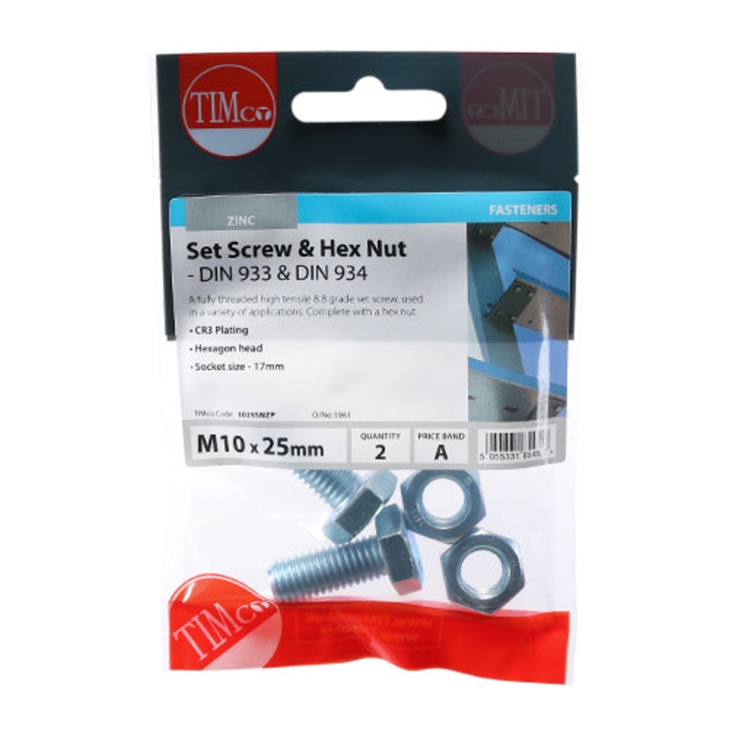 Timco Set Screws & Hex Nuts – Grade 8.8 – Zinc M10 x 25