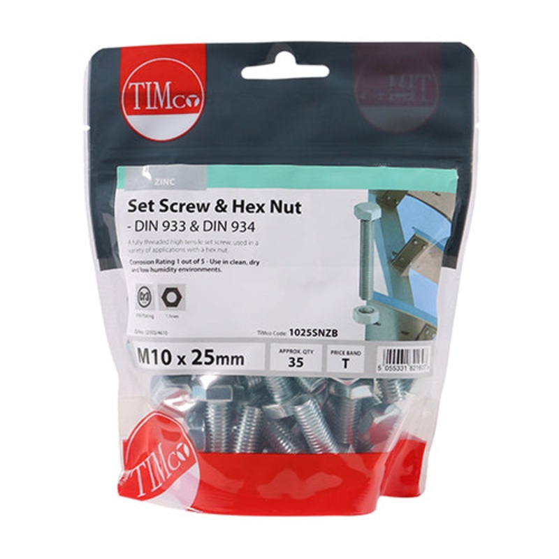Timco Set Screws & Hex Nuts – Grade 8.8 – Zinc M10 x 25 – 35 Pieces